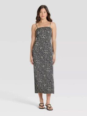 Women's Column Slip Maxi Dress - A New Day Black/White Leopard Print L